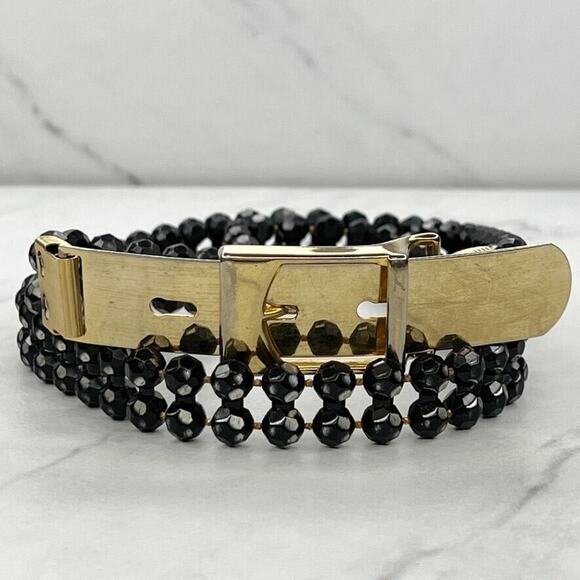 Black Beaded Belt Gold Tone Buckle Statement Small (S) ✨ - Picture 1 of 9